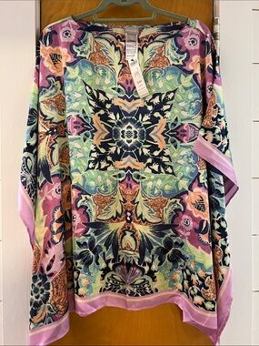 Chico's Multicolor Floral PonchoTunic with Pink Trim